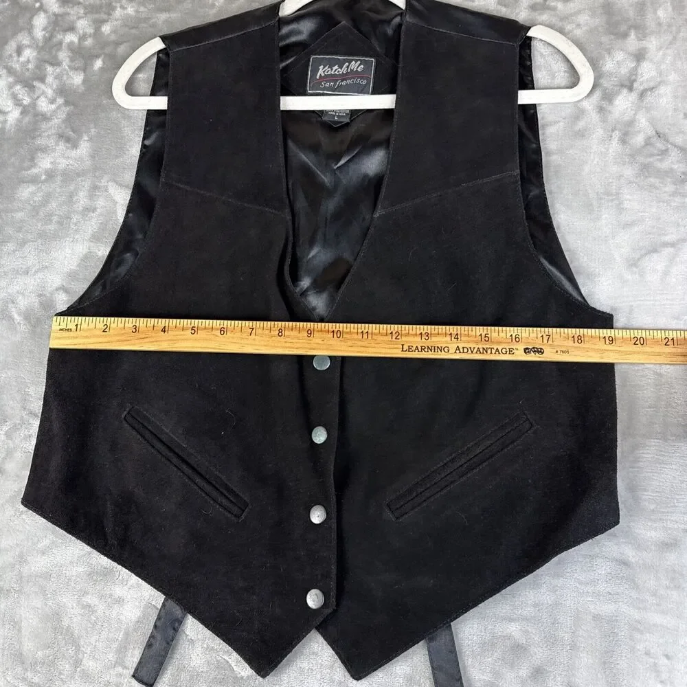 Vintage Katch Me SF Suede Leather Vest Men's L Black‎ Snap Front Pockets (1166)